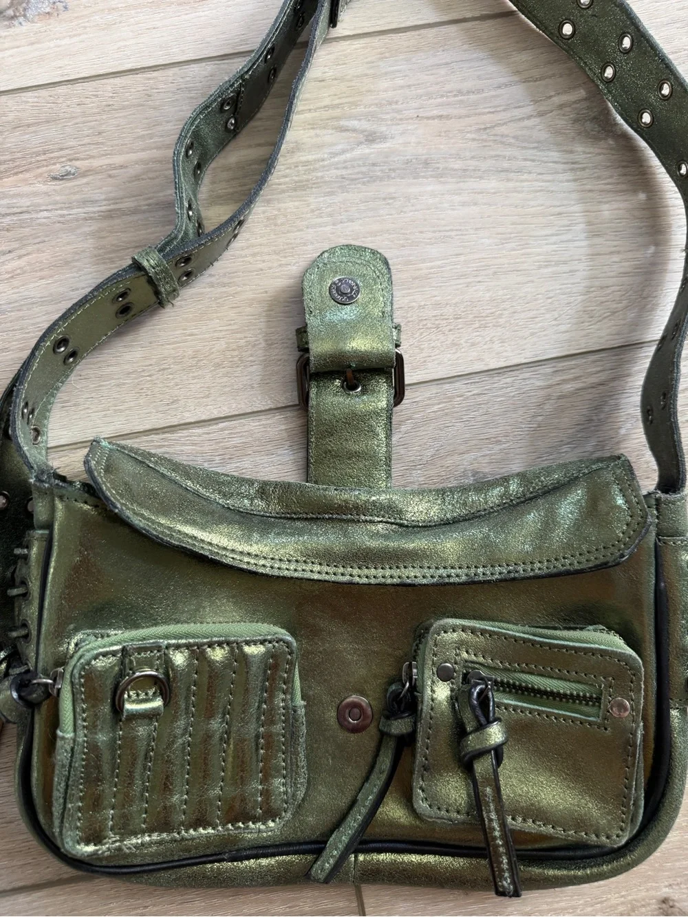 Free People Shimmery Olive Green Metallic Shoulder Bag - Picture 3 of 9